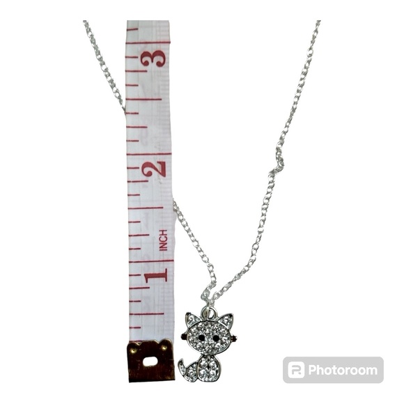 925 Sterling silver chain with kitty cat pendant charm rhinestones - Picture 3 of 5